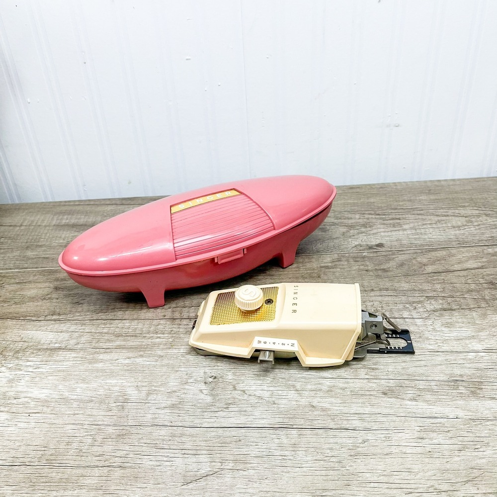 Vintage 1960 Singer Buttonholer Attachment 489500 with Pink Jetson Case Slant